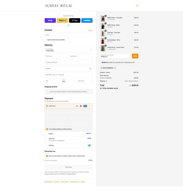 Sunday Ritual checkout page showing Sunday Ritual discount code box | Screenshot taken by SimplyCodes community member on Sep 10, 2025