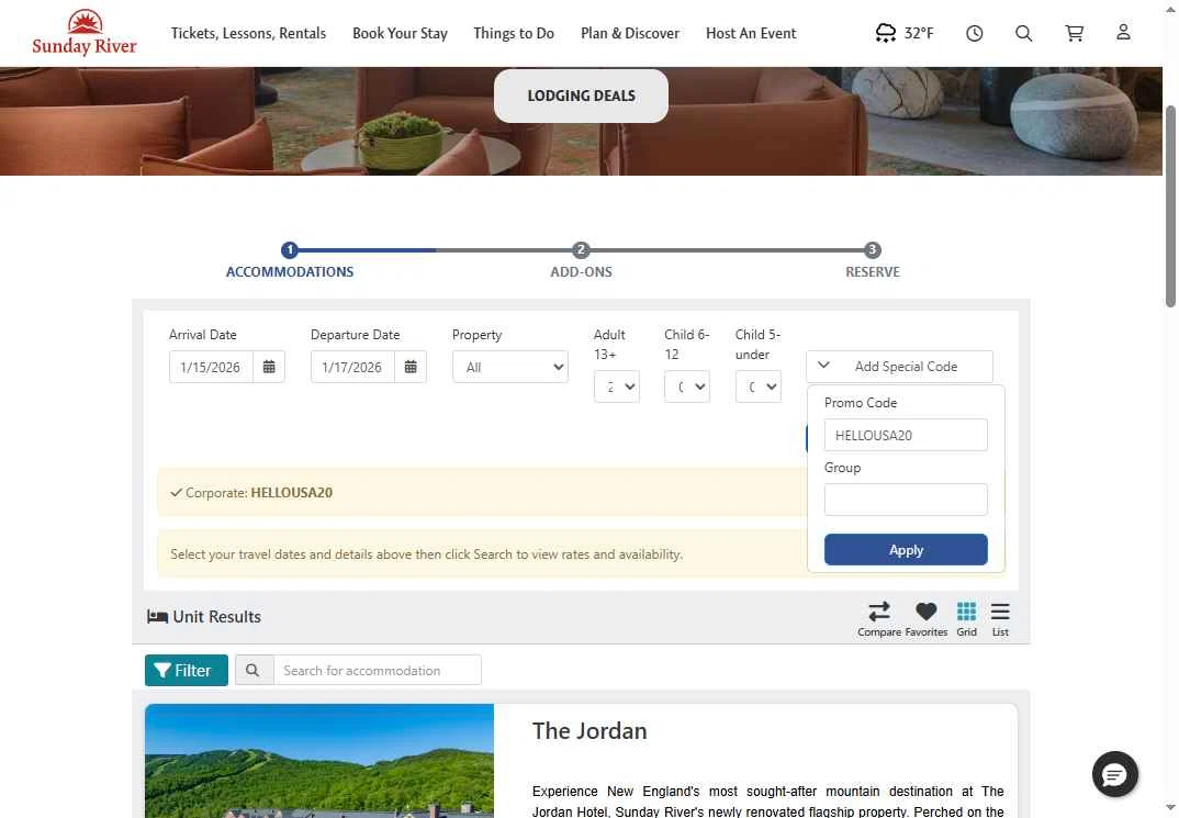 Sunday River checkout page showing Sunday River discount code box | Screenshot taken by SimplyCodes community member on Jan 15, 2026