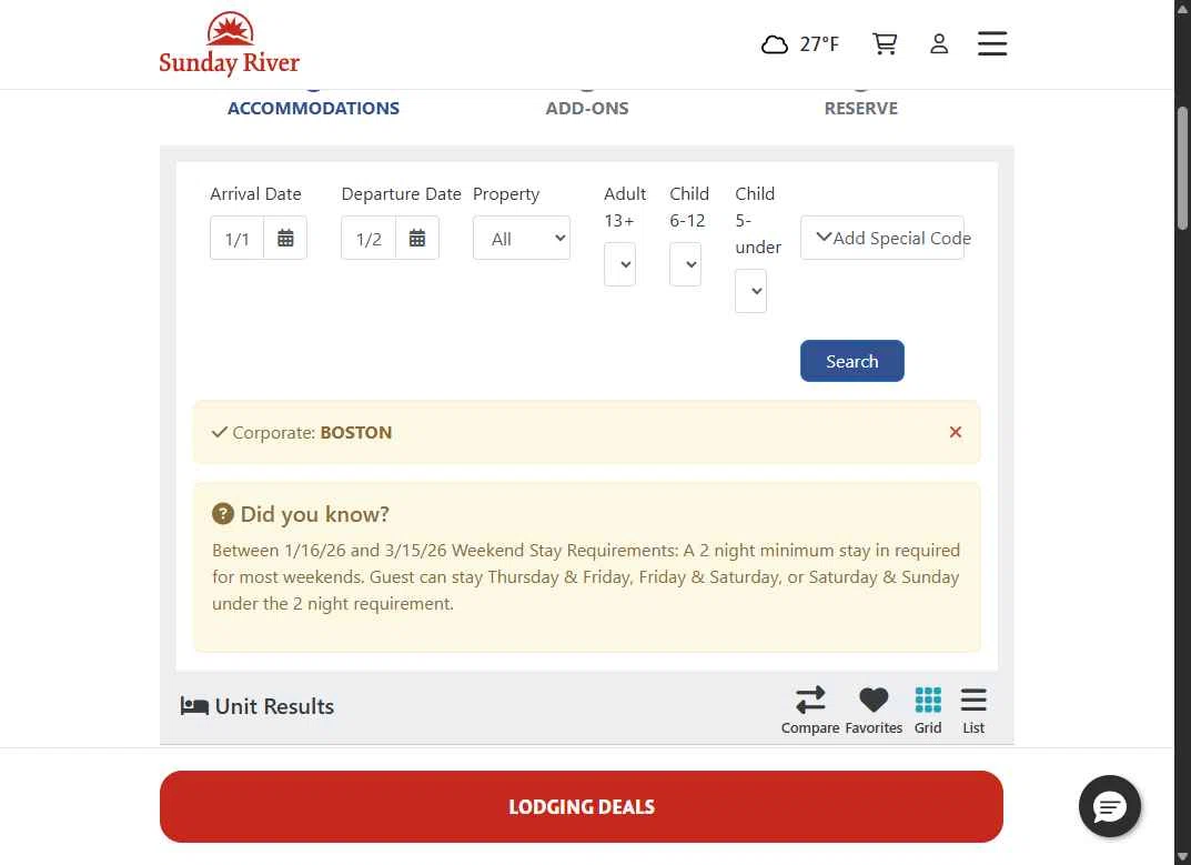 Sunday River checkout page showing Sunday River discount code box | Screenshot taken by SimplyCodes community member on Jan 18, 2026