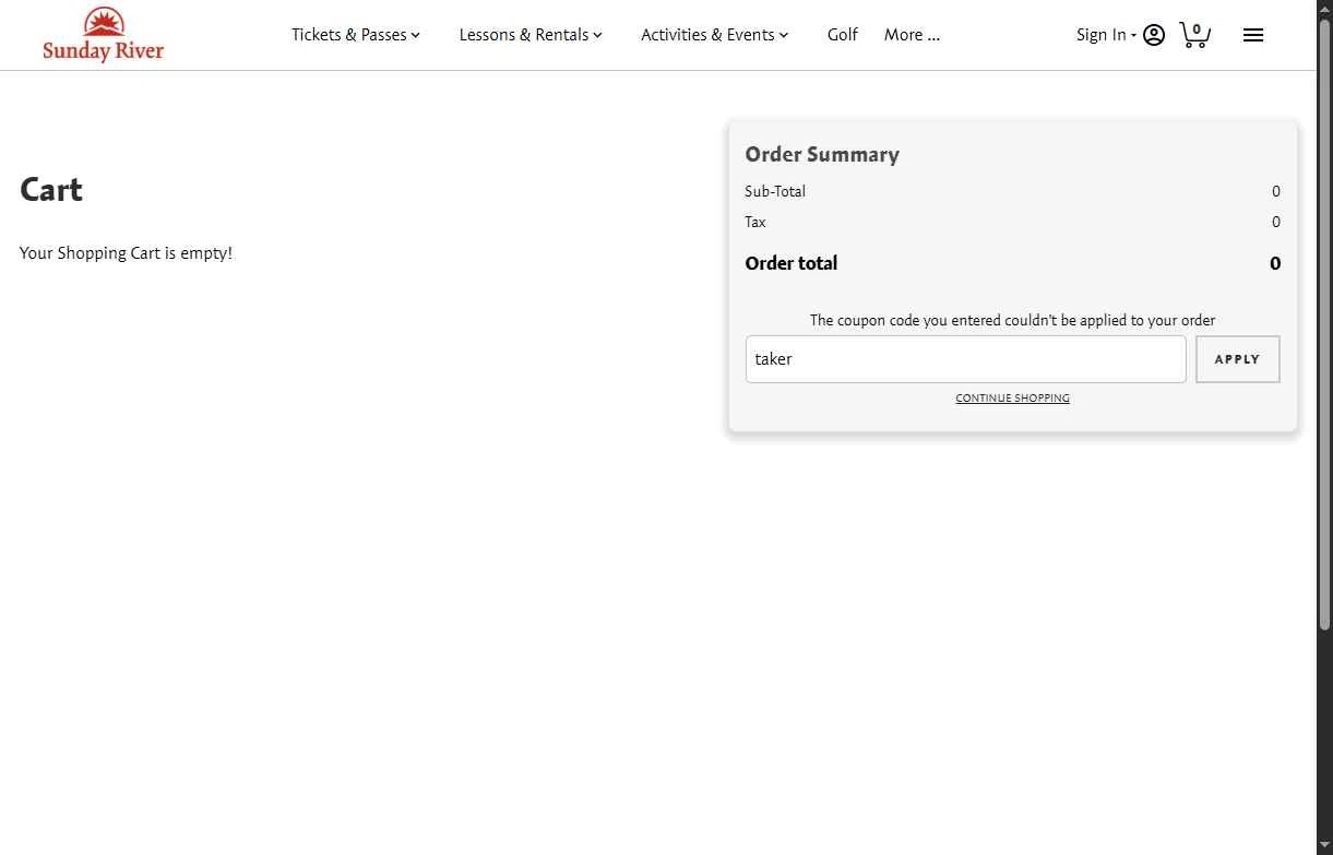 Sunday River checkout page showing Sunday River discount code box | Screenshot taken by SimplyCodes community member on Jan 13, 2026