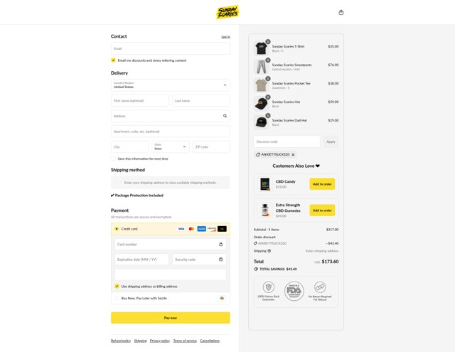 Sunday Scaries checkout page showing Sunday Scaries discount code box | Screenshot taken by SimplyCodes community member on Sep 6, 2025