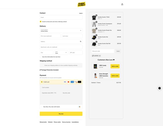 Sunday Scaries checkout page showing Sunday Scaries discount code box | Screenshot taken by SimplyCodes community member on Sep 6, 2025