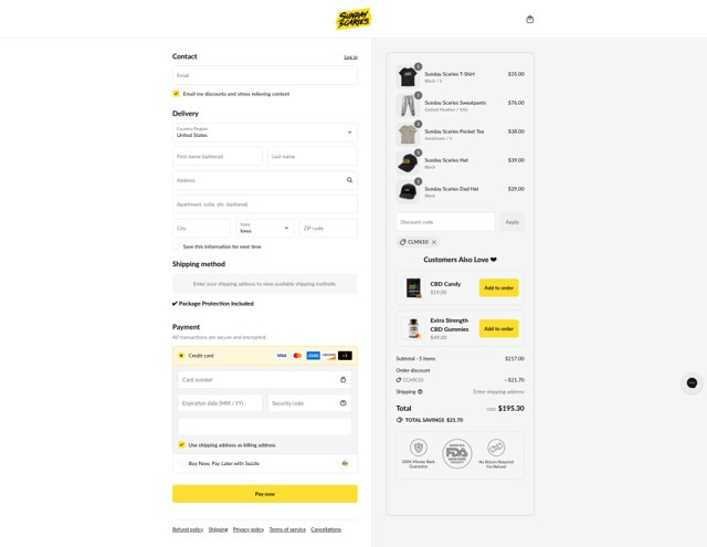 Sunday Scaries checkout page showing Sunday Scaries discount code box | Screenshot taken by SimplyCodes community member on Sep 6, 2025