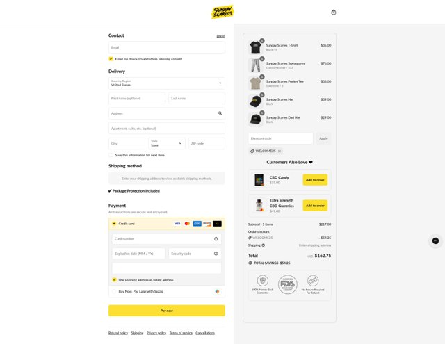Sunday Scaries checkout page showing Sunday Scaries discount code box | Screenshot taken by SimplyCodes community member on Sep 6, 2025