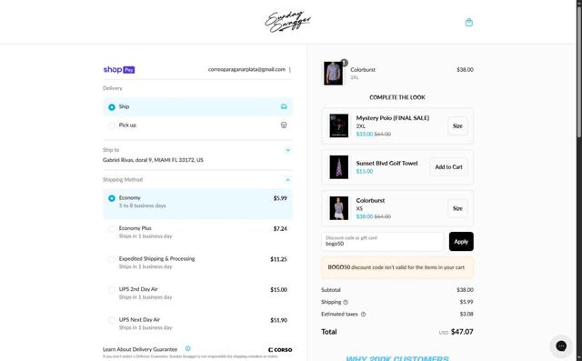 Sunday Swagger checkout page showing Sunday Swagger discount code box | Screenshot taken by SimplyCodes community member on Aug 28, 2025