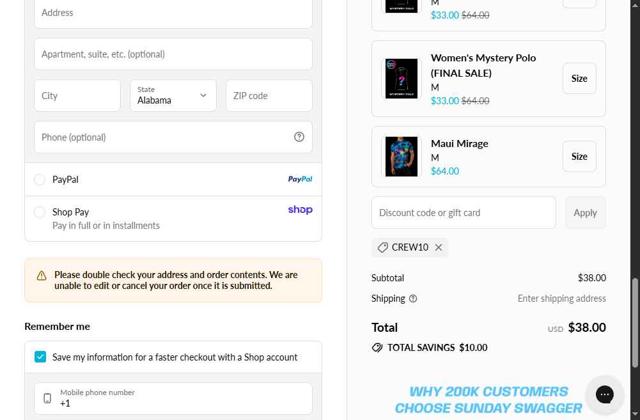 Sunday Swagger checkout page showing Sunday Swagger discount code box | Screenshot taken by SimplyCodes community member on Aug 26, 2025
