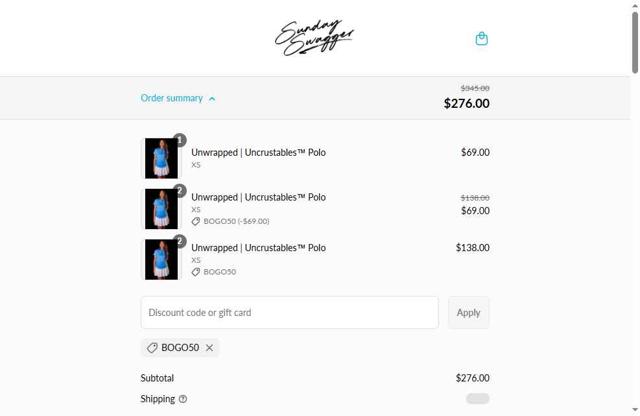 Sunday Swagger checkout page showing Sunday Swagger discount code box | Screenshot taken by SimplyCodes community member on Aug 17, 2025