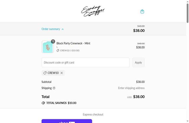 Sunday Swagger checkout page showing Sunday Swagger discount code box | Screenshot taken by SimplyCodes community member on Aug 21, 2025