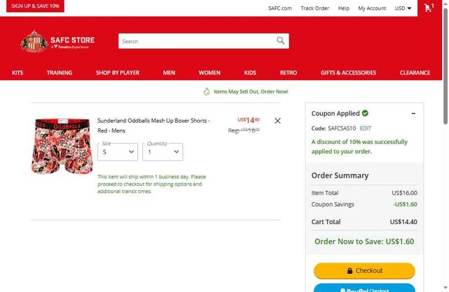 Sunderland AFC checkout page showing Sunderland AFC promo code box | Screenshot taken by SimplyCodes community member on Mar 25, 2025