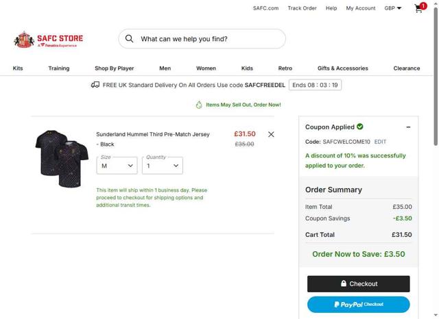 Sunderland AFC checkout page showing Sunderland AFC promo code box | Screenshot taken by SimplyCodes community member on Sep 15, 2025
