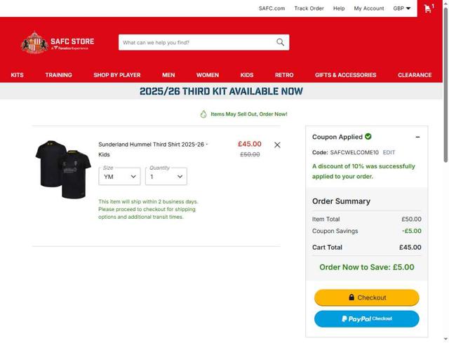 Sunderland AFC checkout page showing Sunderland AFC promo code box | Screenshot taken by SimplyCodes community member on Aug 17, 2025