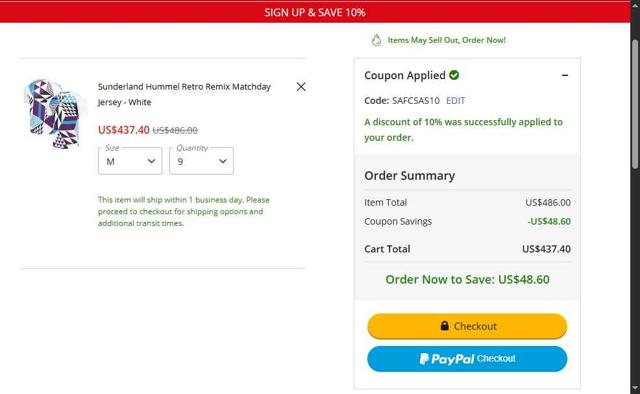 Sunderland AFC checkout page showing Sunderland AFC promo code box | Screenshot taken by SimplyCodes community member on May 7, 2025