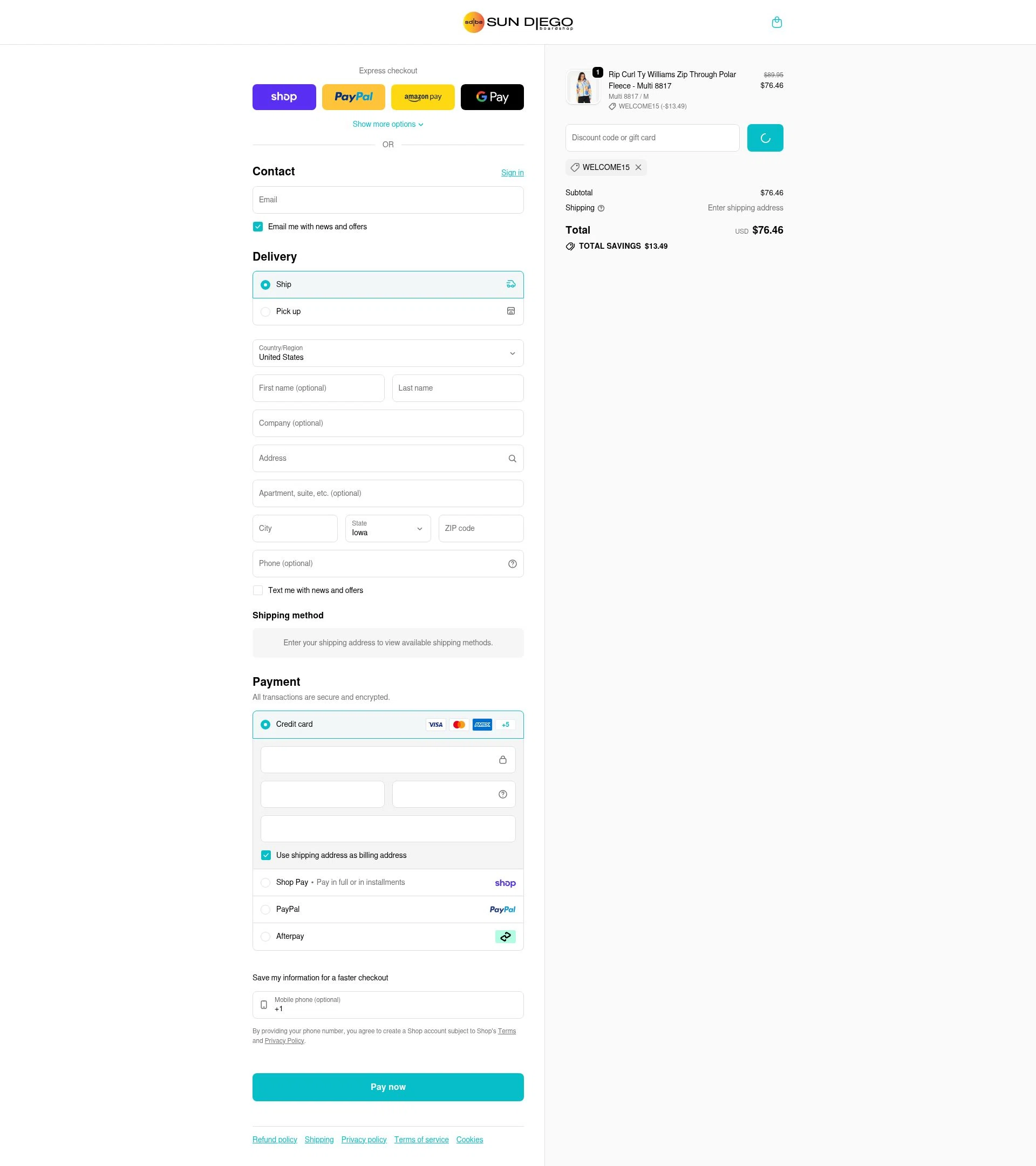 Sun Diego Boardshops checkout page showing Sun Diego Boardshops promo code box | Screenshot taken by SimplyCodes community member on Feb 8, 2026