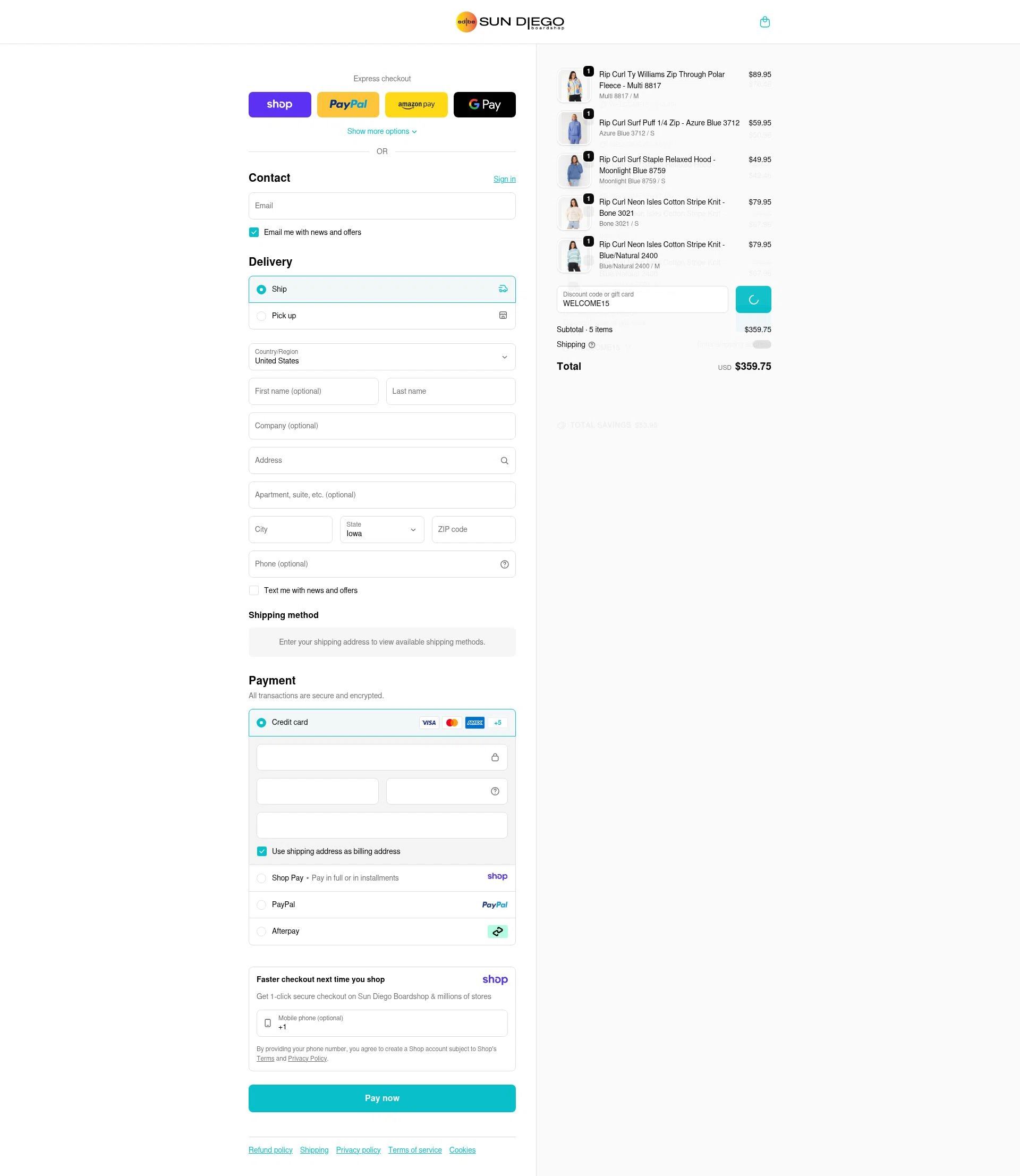 Sun Diego Boardshops checkout page showing Sun Diego Boardshops promo code box | Screenshot taken by SimplyCodes community member on Jan 12, 2026