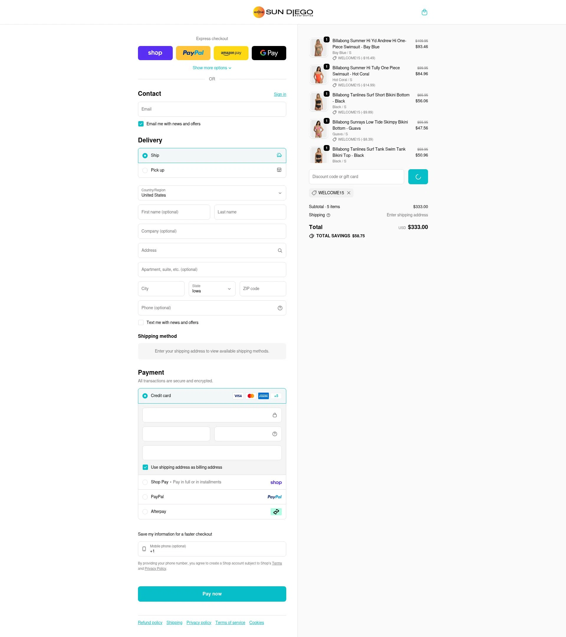 Sun Diego Boardshops checkout page showing Sun Diego Boardshops promo code box | Screenshot taken by SimplyCodes community member on Feb 13, 2026
