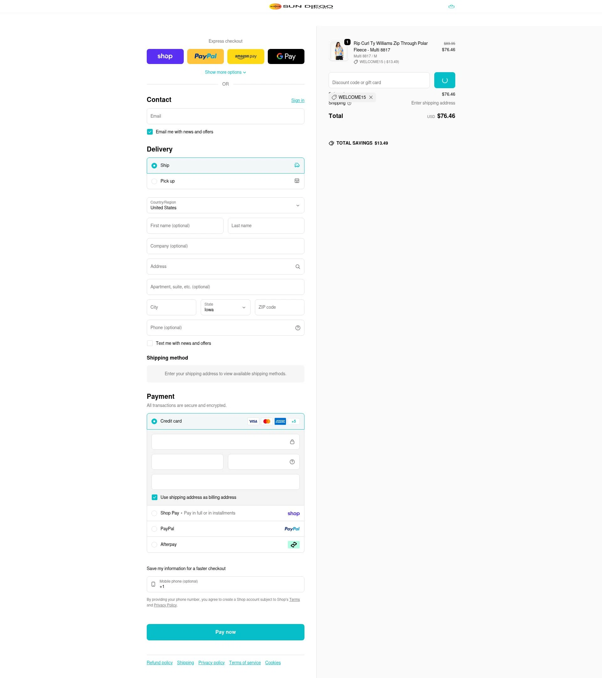 Sun Diego Boardshops checkout page showing Sun Diego Boardshops promo code box | Screenshot taken by SimplyCodes community member on Feb 4, 2026