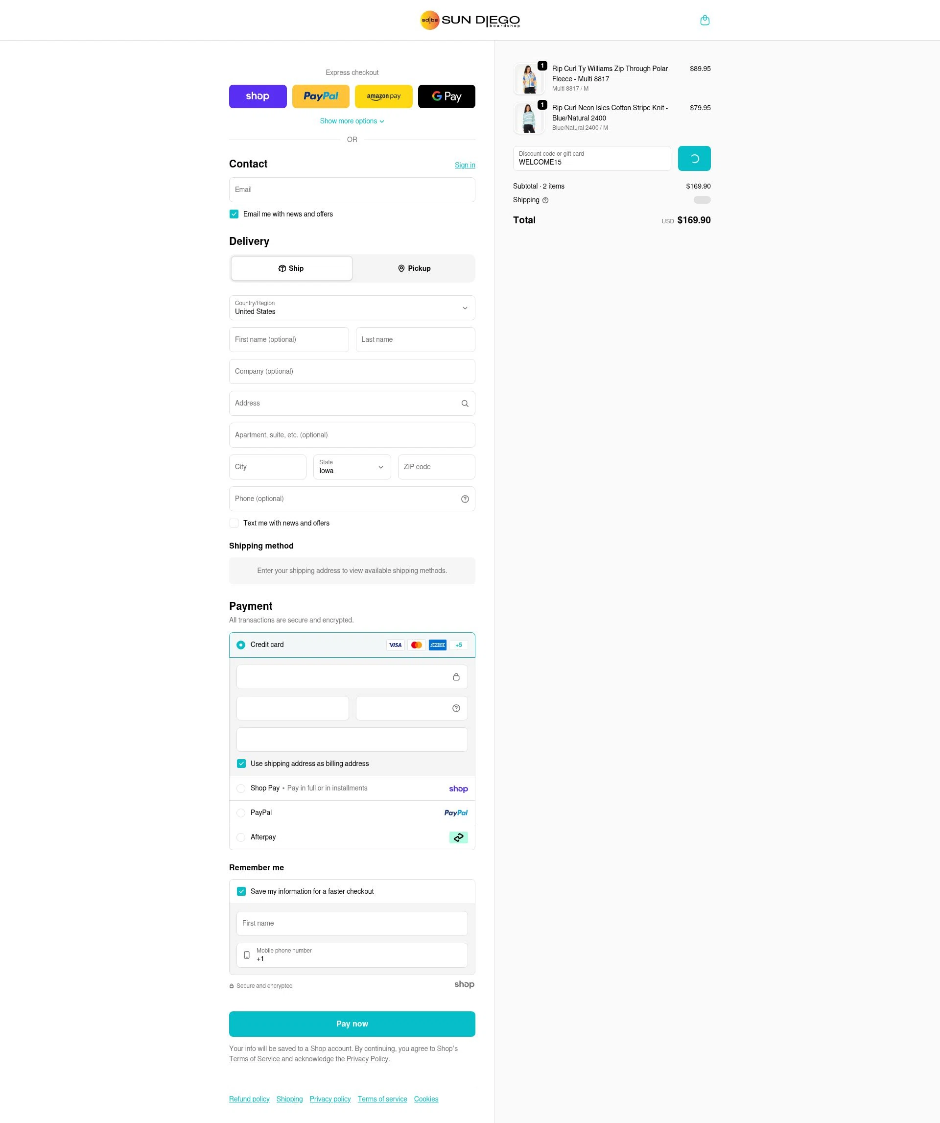 Sun Diego Boardshops checkout page showing Sun Diego Boardshops promo code box | Screenshot taken by SimplyCodes community member on Jan 22, 2026