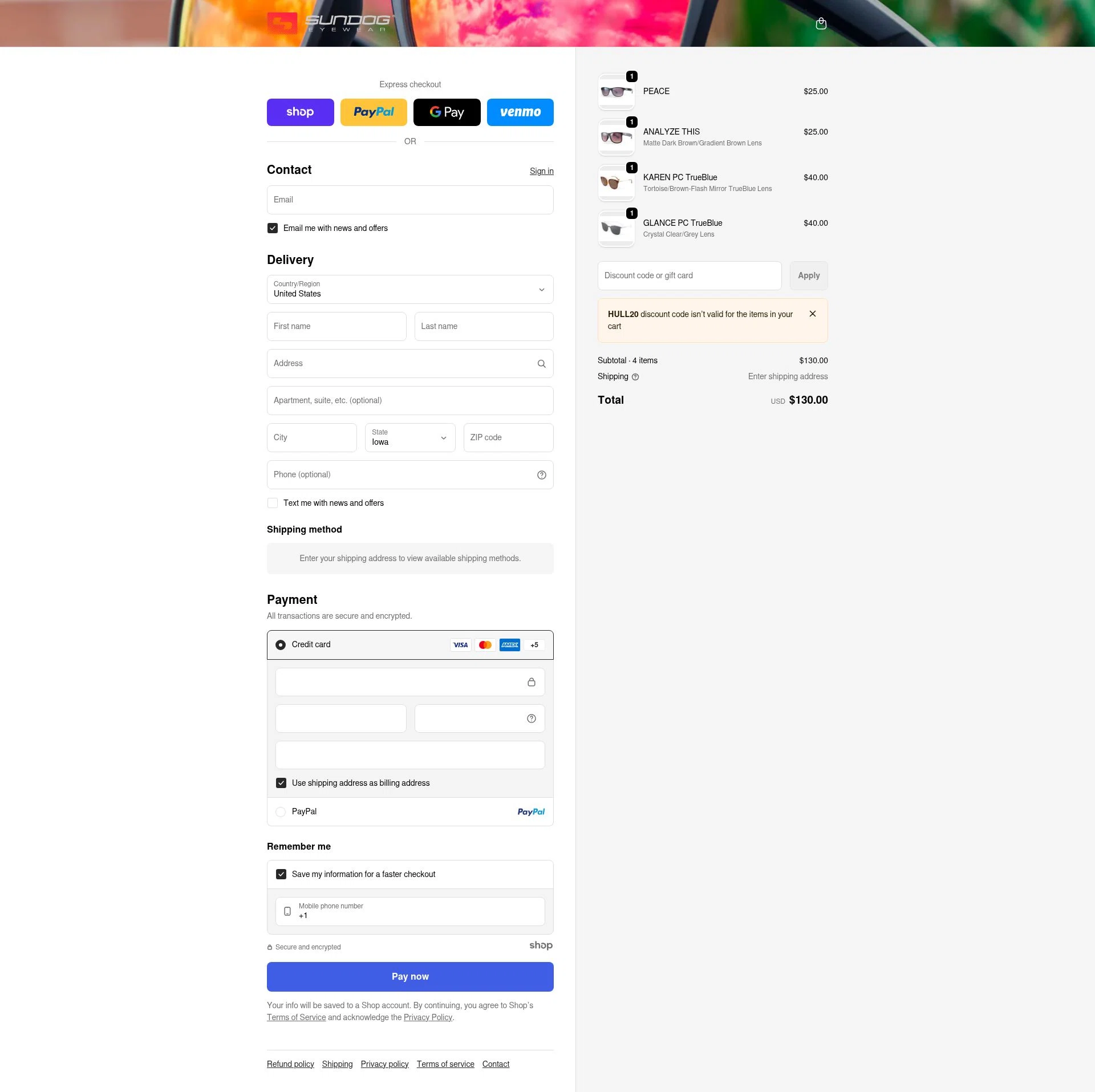 Sundog Eyewear checkout page showing Sundog Eyewear discount code box | Screenshot taken by SimplyCodes community member on Dec 31, 2025