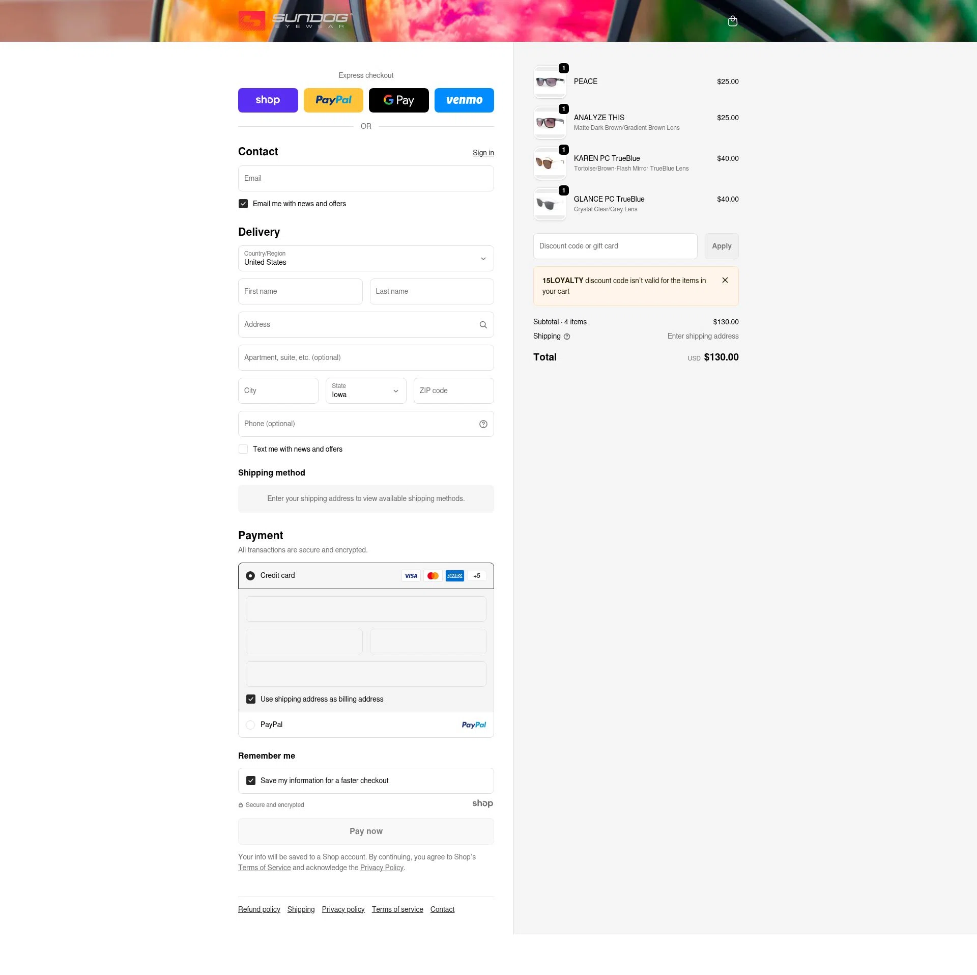 Sundog Eyewear checkout page showing Sundog Eyewear discount code box | Screenshot taken by SimplyCodes community member on Dec 31, 2025