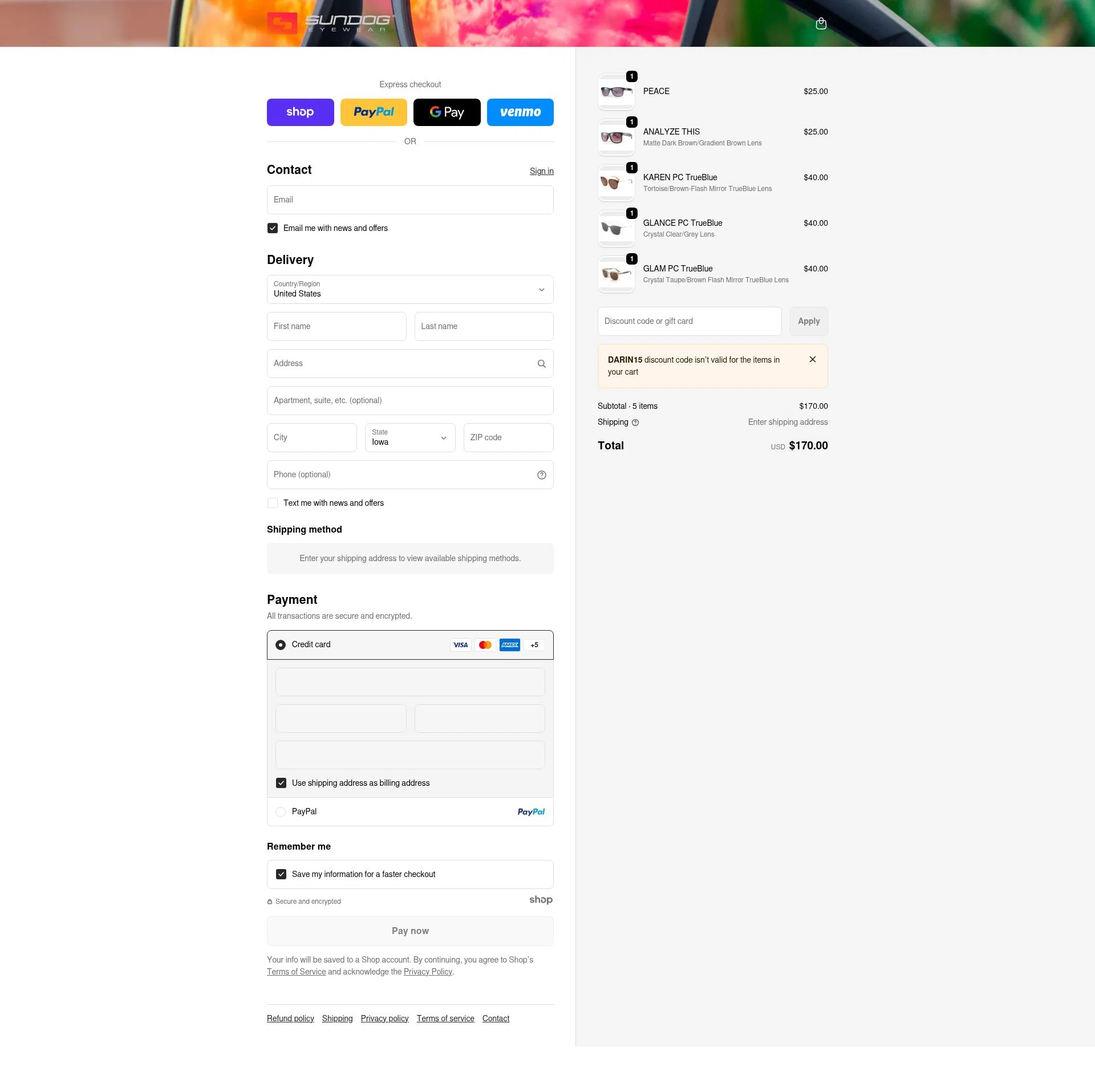 Sundog Eyewear checkout page showing Sundog Eyewear discount code box | Screenshot taken by SimplyCodes community member on Dec 26, 2025