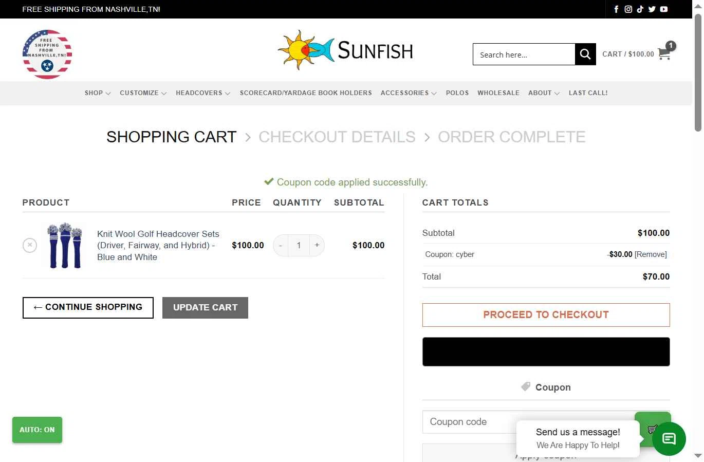 Sunfish checkout page showing Sunfish coupon code box | Screenshot taken by SimplyCodes community member on Dec 1, 2025
