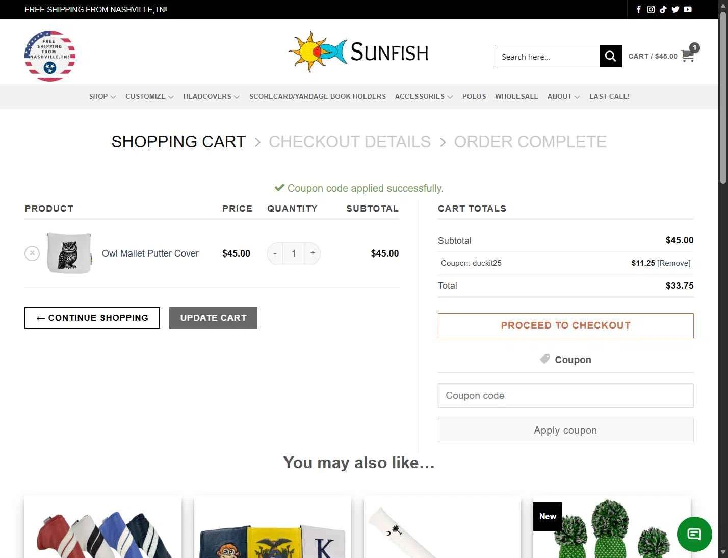 Sunfish checkout page showing Sunfish coupon code box | Screenshot taken by SimplyCodes community member on Jan 31, 2026