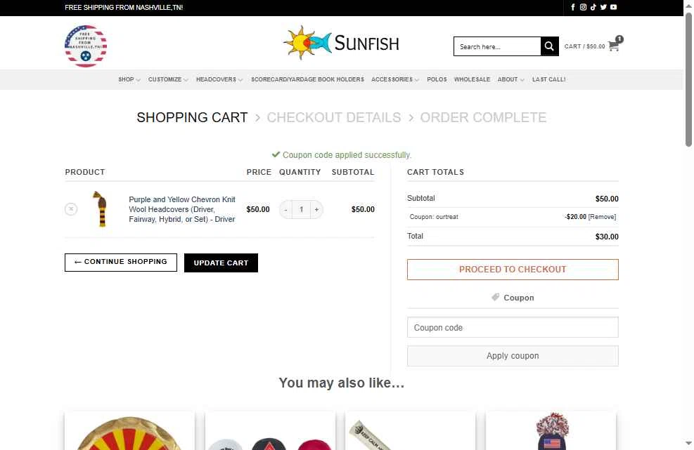 Sunfish checkout page showing Sunfish coupon code box | Screenshot taken by SimplyCodes community member on Oct 31, 2025