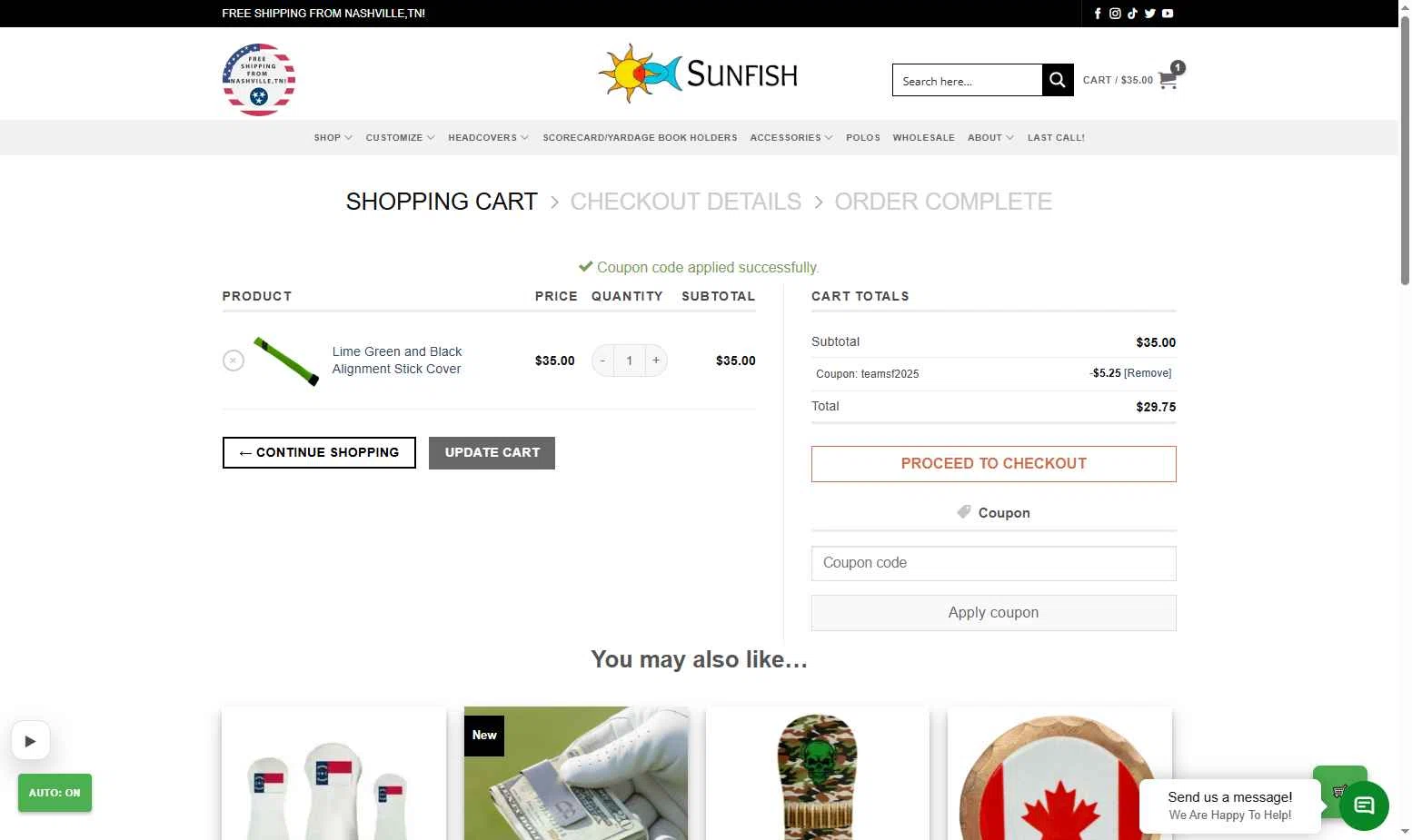 Sunfish checkout page showing Sunfish coupon code box | Screenshot taken by SimplyCodes community member on Jan 14, 2026