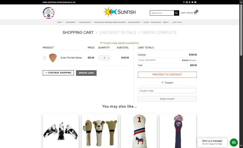 Sunfish checkout page showing Sunfish coupon code box | Screenshot taken by SimplyCodes community member on Dec 16, 2025