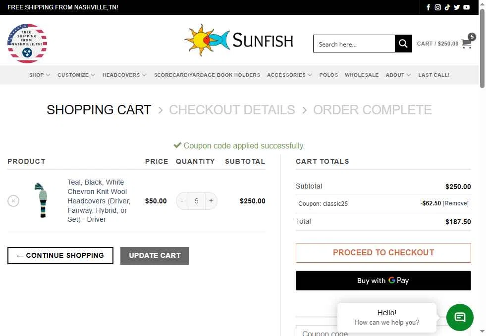 Sunfish checkout page showing Sunfish coupon code box | Screenshot taken by SimplyCodes community member on Nov 7, 2025