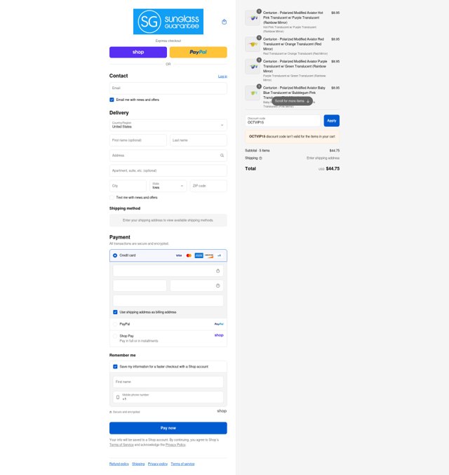 Sunglass Guarantee checkout page showing Sunglass Guarantee discount code box | Screenshot taken by SimplyCodes community member on Sep 2, 2025