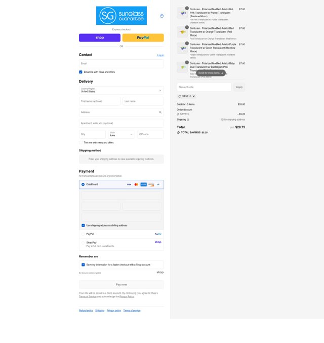 Sunglass Guarantee checkout page showing Sunglass Guarantee discount code box | Screenshot taken by SimplyCodes community member on Aug 29, 2025