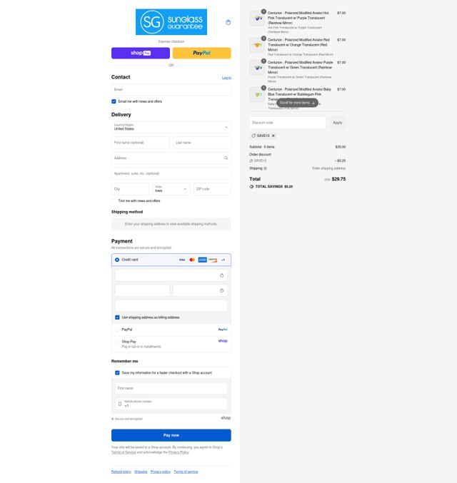 Sunglass Guarantee checkout page showing Sunglass Guarantee discount code box | Screenshot taken by SimplyCodes community member on Aug 25, 2025