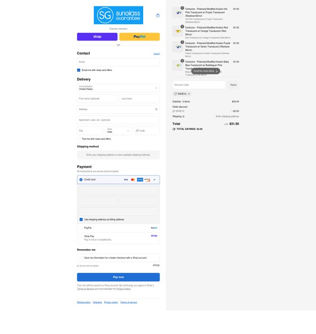 Sunglass Guarantee checkout page showing Sunglass Guarantee discount code box | Screenshot taken by SimplyCodes community member on Aug 29, 2025