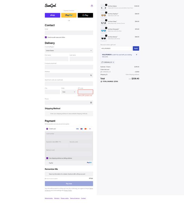 SunGod checkout page showing SunGod discount code box | Screenshot taken by SimplyCodes community member on Oct 2, 2025