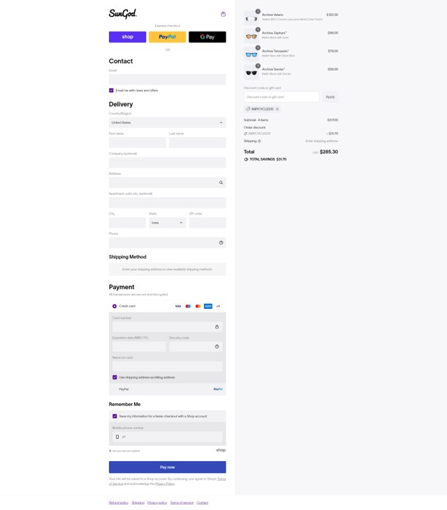 SunGod checkout page showing SunGod discount code box | Screenshot taken by SimplyCodes community member on Sep 3, 2025