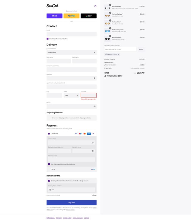 SunGod checkout page showing SunGod discount code box | Screenshot taken by SimplyCodes community member on Aug 29, 2025