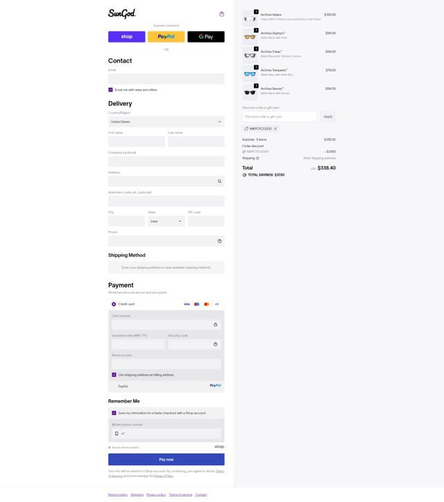 SunGod checkout page showing SunGod discount code box | Screenshot taken by SimplyCodes community member on Oct 6, 2025