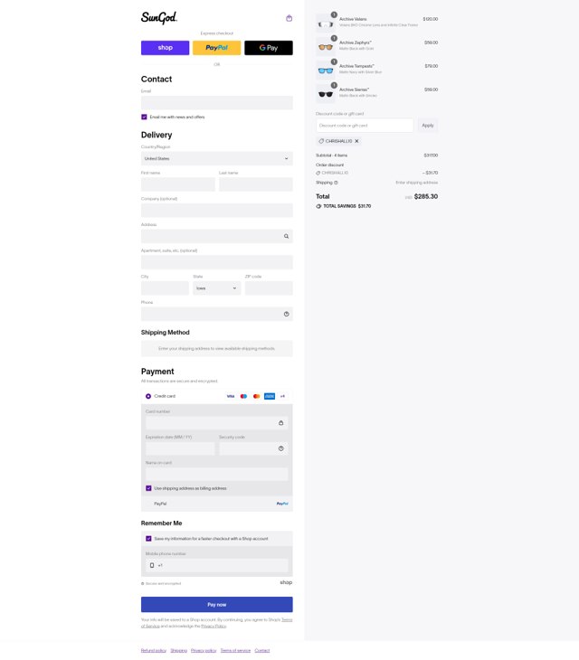 SunGod checkout page showing SunGod discount code box | Screenshot taken by SimplyCodes community member on Sep 3, 2025