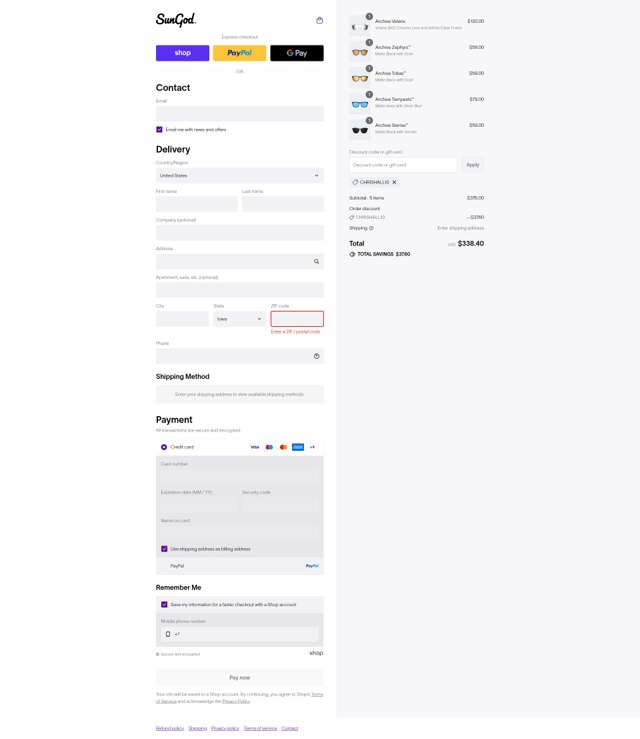SunGod checkout page showing SunGod discount code box | Screenshot taken by SimplyCodes community member on Aug 29, 2025