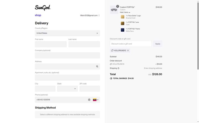 SunGod checkout page showing SunGod discount code box | Screenshot taken by SimplyCodes community member on Sep 1, 2025