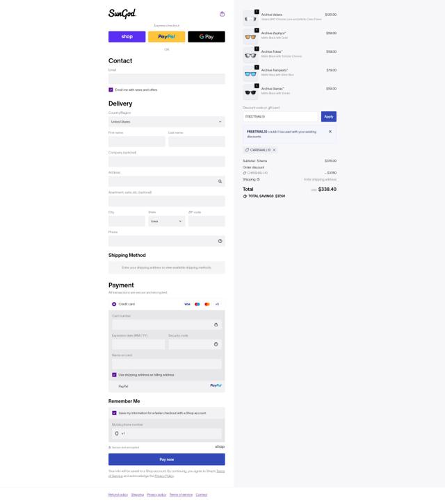SunGod checkout page showing SunGod discount code box | Screenshot taken by SimplyCodes community member on Oct 6, 2025
