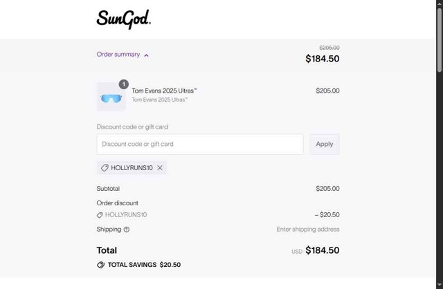 SunGod checkout page showing SunGod discount code box | Screenshot taken by SimplyCodes community member on Sep 3, 2025