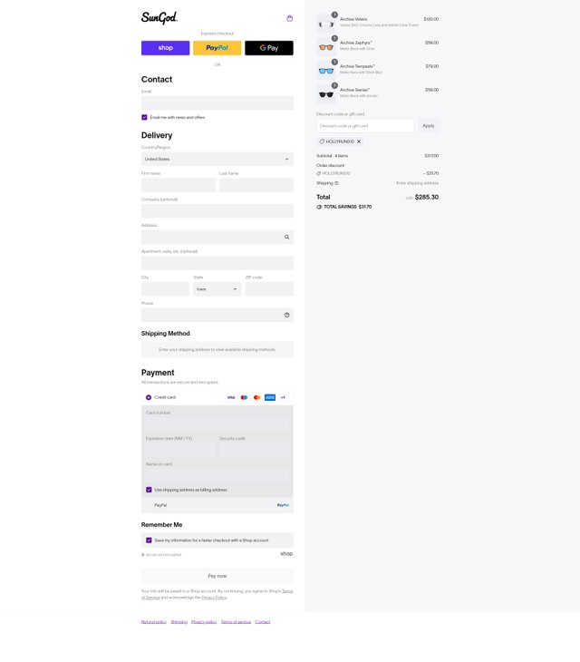 SunGod checkout page showing SunGod discount code box | Screenshot taken by SimplyCodes community member on Sep 3, 2025