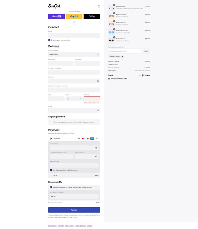 SunGod checkout page showing SunGod discount code box | Screenshot taken by SimplyCodes community member on Aug 25, 2025