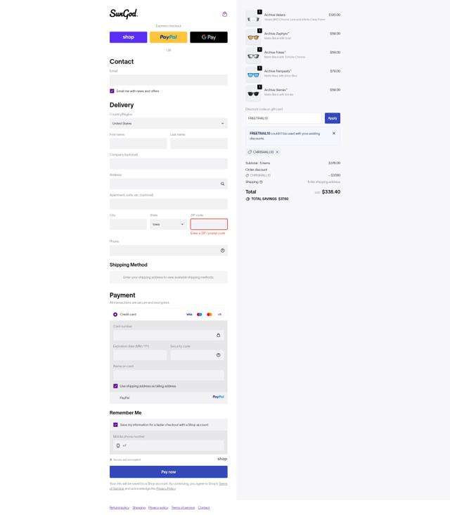 SunGod checkout page showing SunGod discount code box | Screenshot taken by SimplyCodes community member on Oct 2, 2025