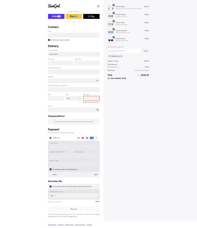 SunGod checkout page showing SunGod discount code box | Screenshot taken by SimplyCodes community member on Aug 25, 2025