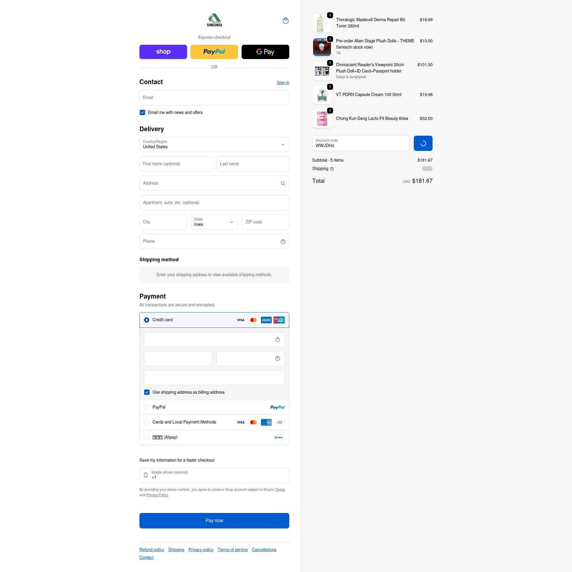 SUNGSINSA checkout page showing SUNGSINSA discount code box | Screenshot taken by SimplyCodes community member on Jan 30, 2026
