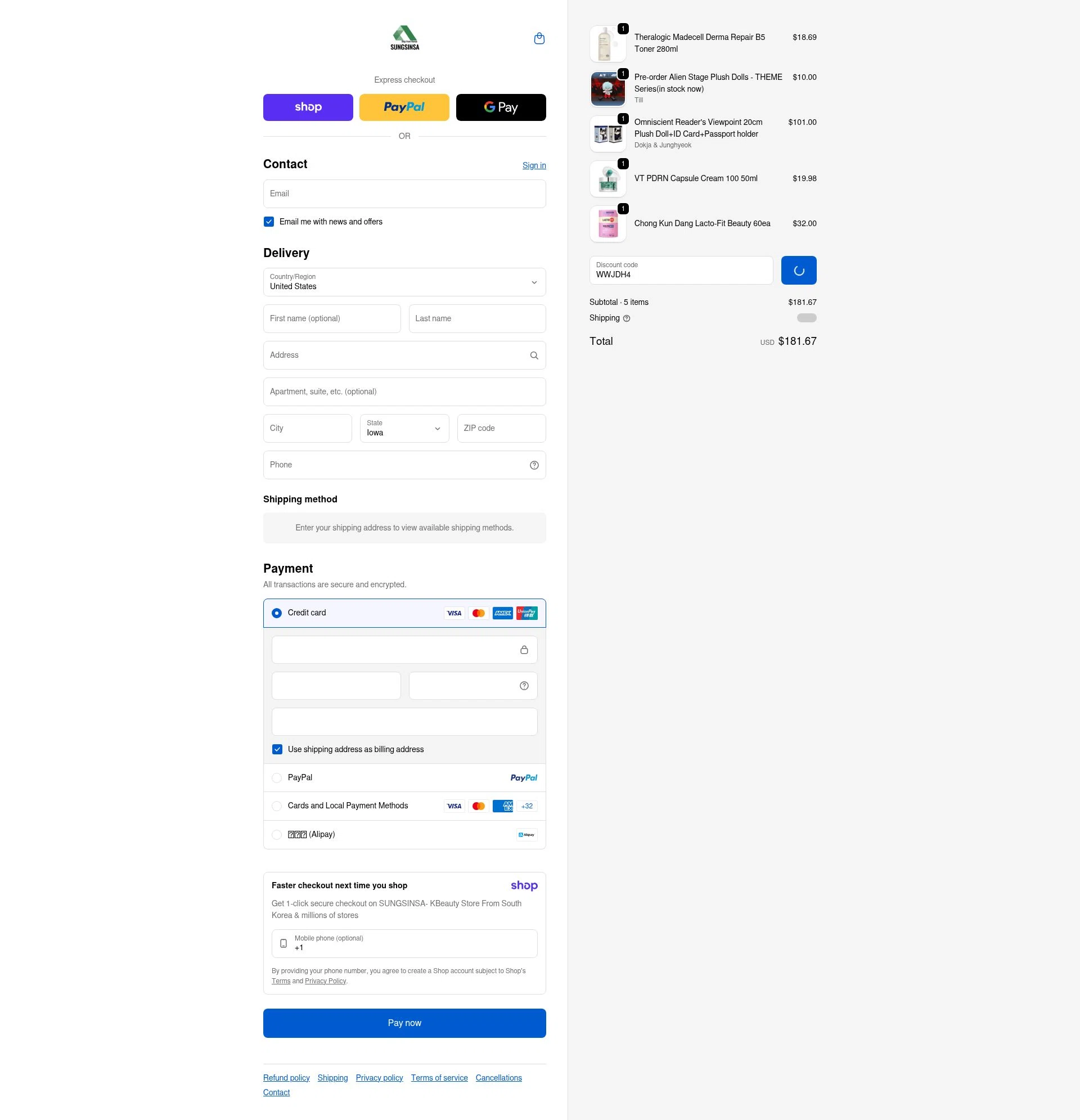 SUNGSINSA checkout page showing SUNGSINSA discount code box | Screenshot taken by SimplyCodes community member on Jan 17, 2026