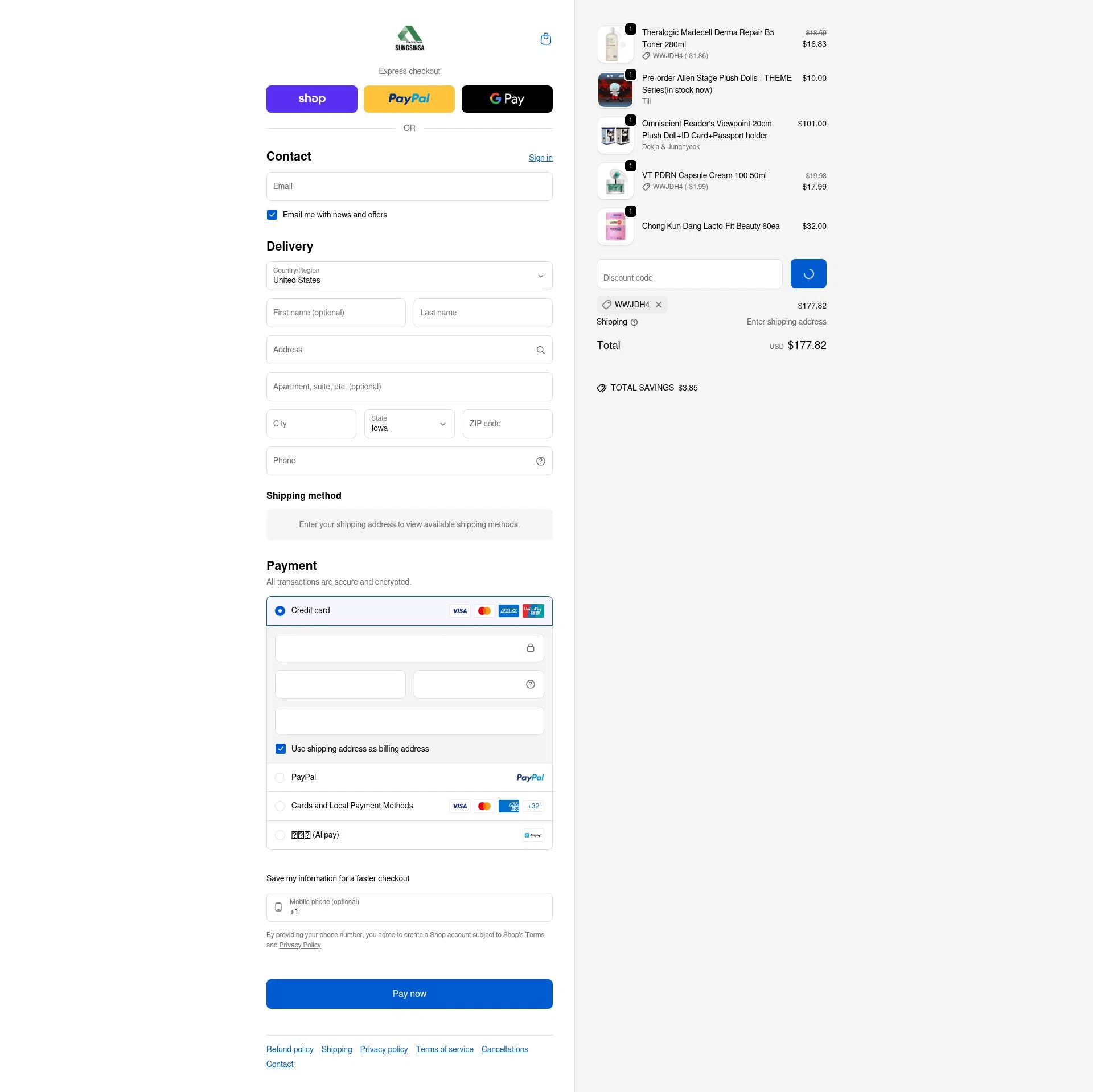 SUNGSINSA checkout page showing SUNGSINSA discount code box | Screenshot taken by SimplyCodes community member on Feb 4, 2026